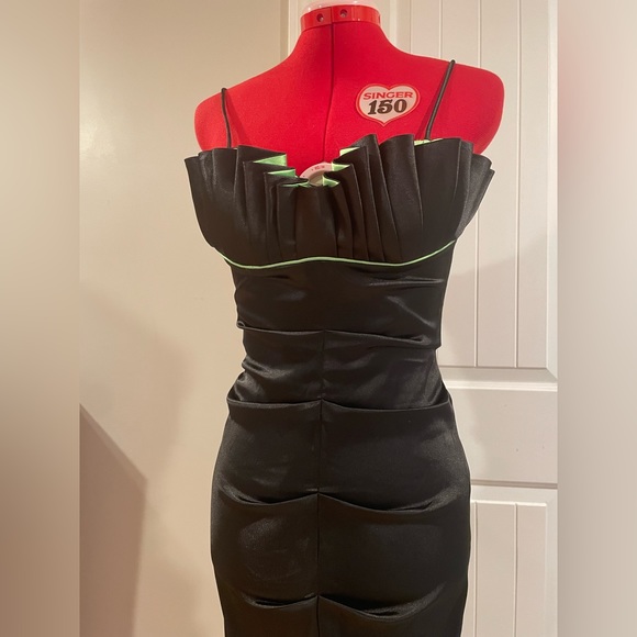 Y2k 90s Black & Lime Green Satin Ruched Sleeveless Mini Dress - Picture 3 of 16